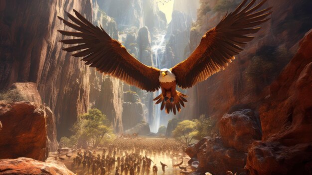 A painting of a bald eagle flying over a mountain.