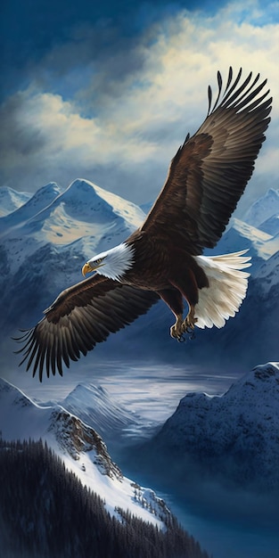 A painting of a bald eagle flying over a mountain.