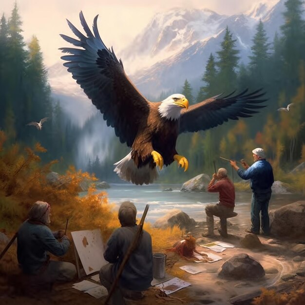 Painting of a bald eagle flying over a river with people generative ai