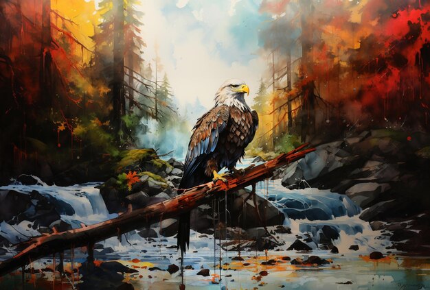 Photo painting of a bald eagle perched on a branch in a stream generative ai