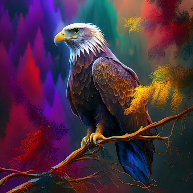 Photo a painting of a bald eagle perched on a branch with colorful leaves.