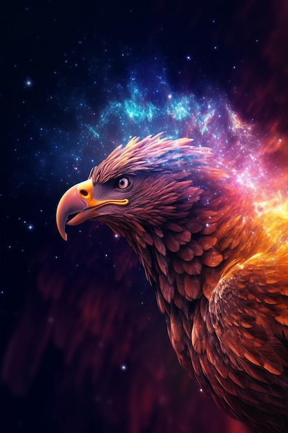 A painting of a bald eagle with a blue sky and stars.