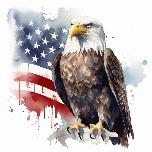 Painting of a bald eagle with a flag in the background generative ai