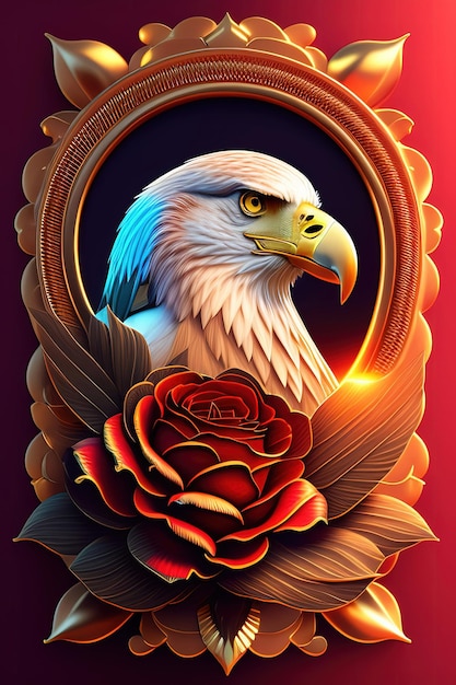 A painting of a bald eagle with a red background and a rose in the middle.