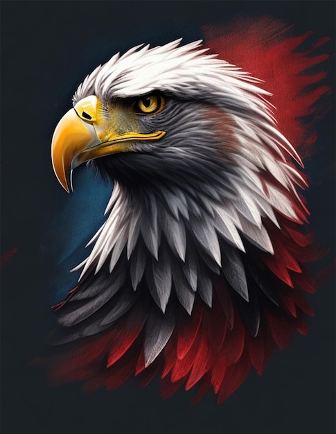 A painting of a bald eagle with a red and blue background