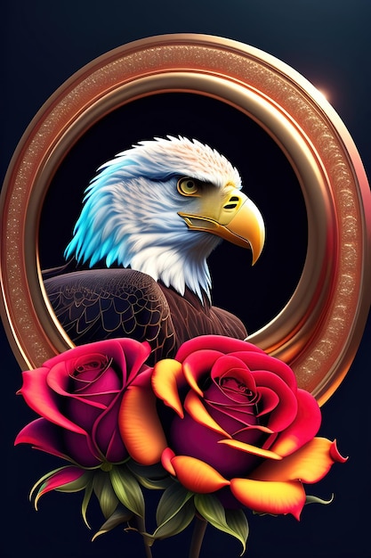 A painting of a bald eagle with roses in the center.