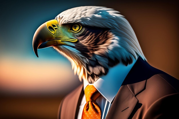 A painting of a bald eagle with a yellow eye and a brown suit.