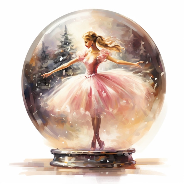painting of a ballerina in a snow globe with a snowy background generative ai