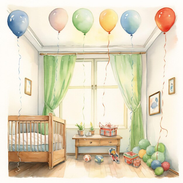 a painting of balloons and a baby's room with a picture of a baby