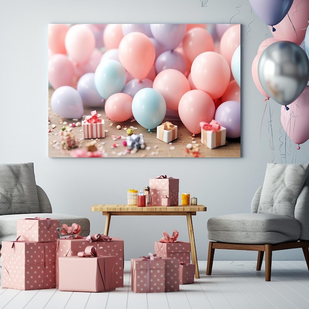 a painting of balloons and a box of gift boxes.