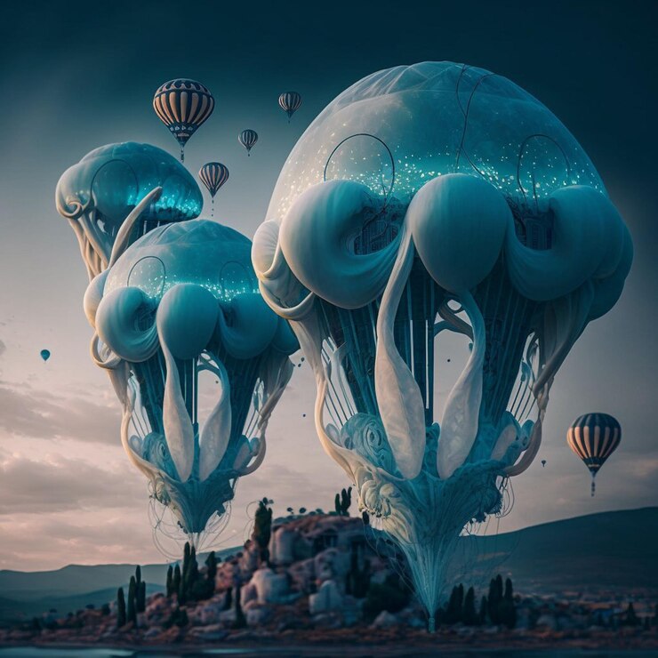 Фотография картина из воздушных шаров и горы на фоне неба