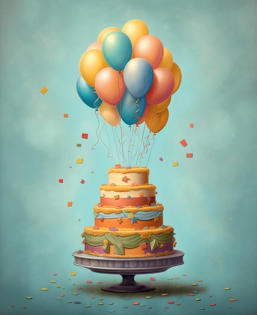 a painting of balloons with a cake on it