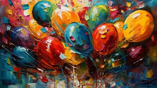 A painting of balloons with the word love on it