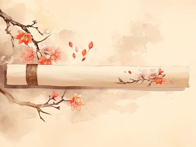 Photo a painting of a bamboo stick with cherry blossoms on it