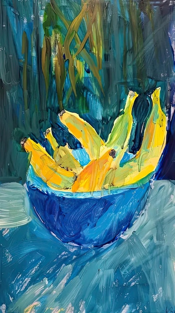 A painting of bananas in a blue bowl