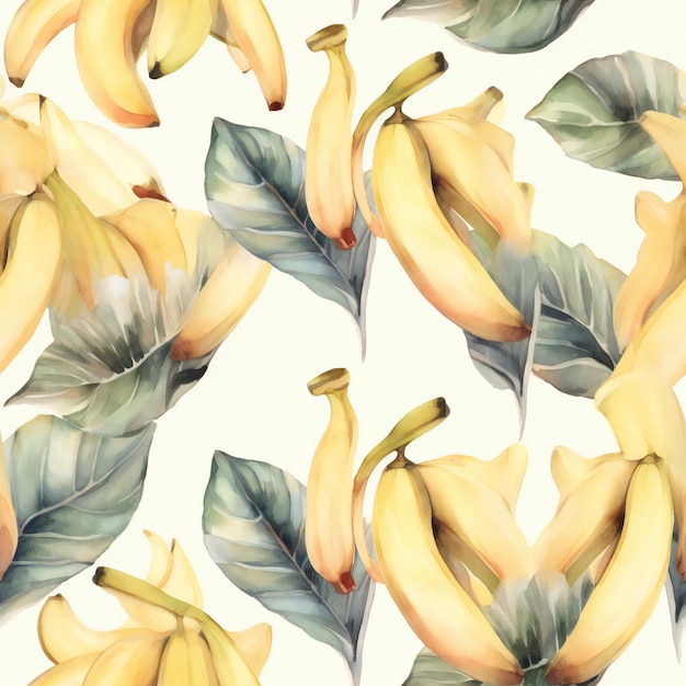 A painting of bananas with leaves on a white background