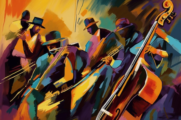 A painting of a band playing in a band.