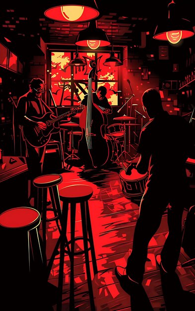 a painting of a band playing a drum set