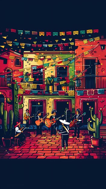 Photo a painting of a band playing in front of a building with a mural of a band playing music