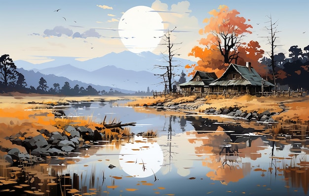 A painting of a barn in autumn is on the river