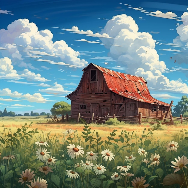 Painting of a barn in a field with daisies and a bird generative ai