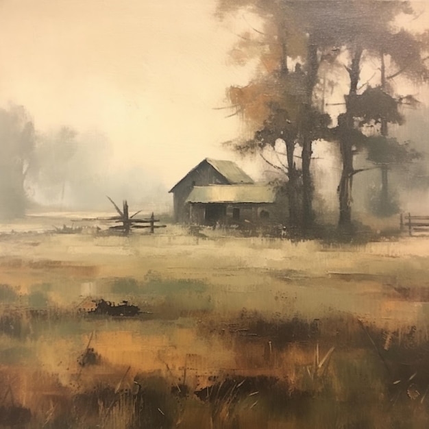 Painting of a barn in a field with a fence and trees generative ai