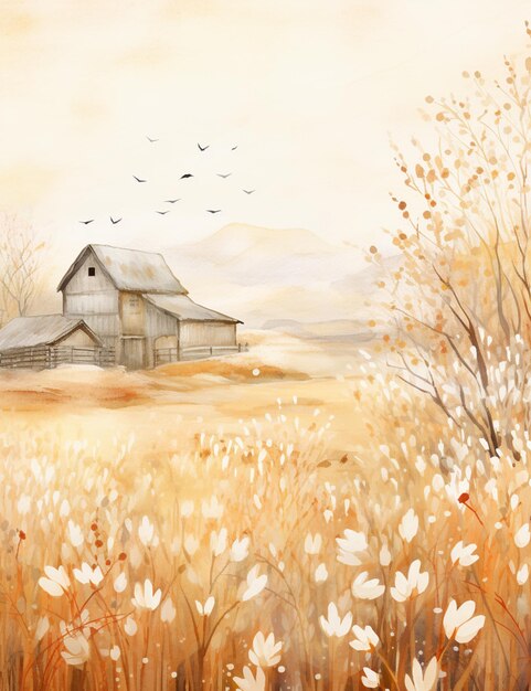 Painting of a barn in a field with a few birds flying over it generative ai