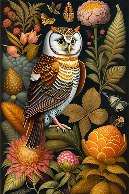 A painting of a barn owl with a butterfly on the front.