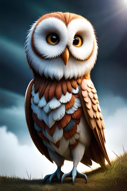 A painting of a barn owl with a cloudy sky in the background.