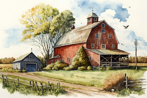 A painting of a barn with a barn in the background.