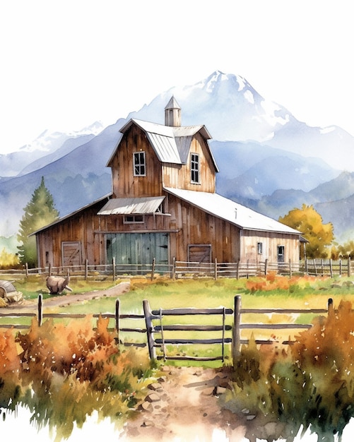 Painting of a barn with a fence and a mountain in the background generative ai