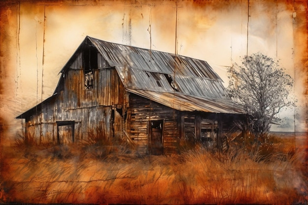 A painting of a barn with a rusty tin roof.