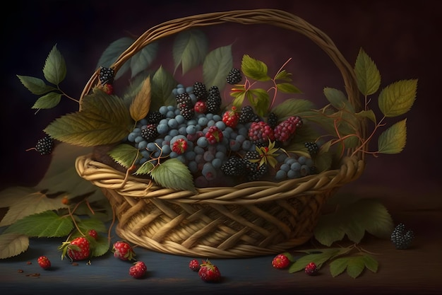 A painting of a basket of berries and leaves Generative AI