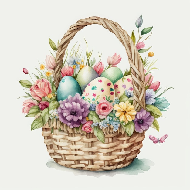 Photo a painting of a basket of easter eggs with flowers and a basket of eggs