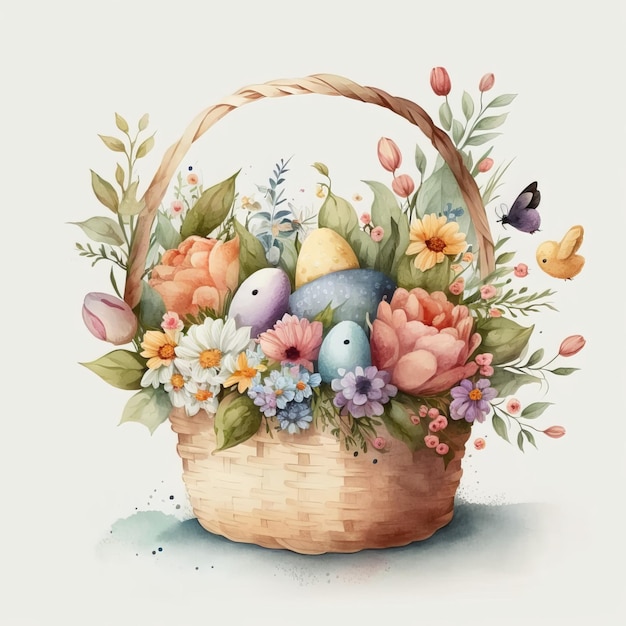 Photo a painting of a basket of easter eggs with flowers and a basket of eggs