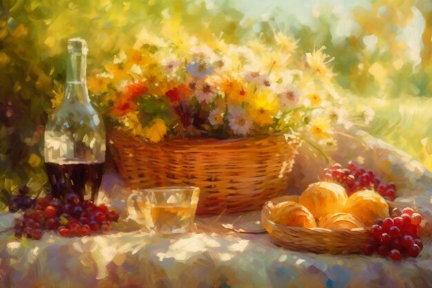 A painting of a basket of flowers and a basket of grapes.