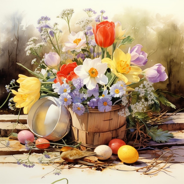 Картина корзины с цветами с яйцами и цветами в ней генеративный ai