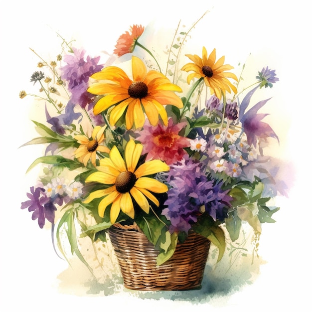 A painting of a basket of flowers with a purple and yellow center.