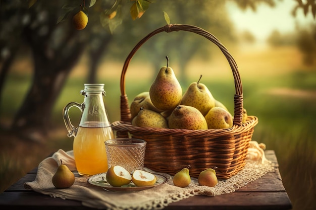 Painting of basket of pears and pitcher of orange juice Generative AI