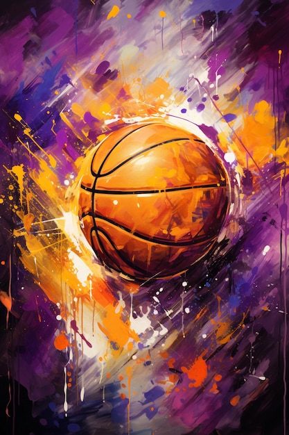 Картина баскетбольного мяча с фиолетовым фоном и брызги генеративный ai