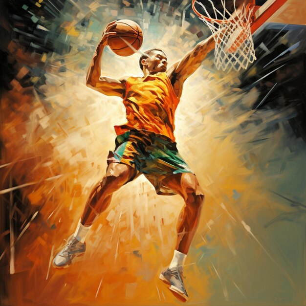 Painting of a basketball player in action with a ball in the air generative ai