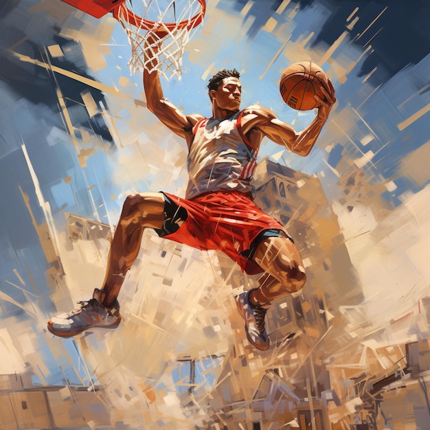 Photo painting of a basketball player dunking a ball in the air generative ai