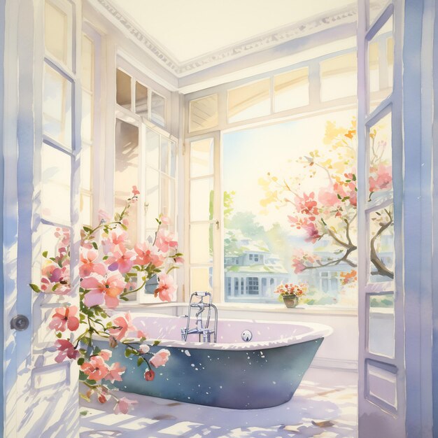 a painting of a bathtub with flowers in it