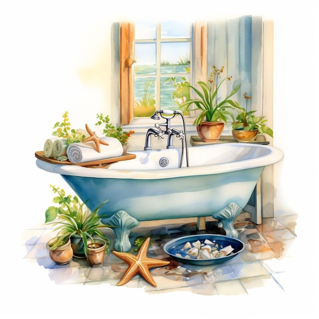 a painting of a bathtub with plants and flowers on it