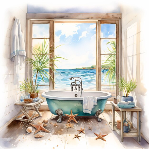 a painting of a bathtub with a view of the ocean and palm trees.