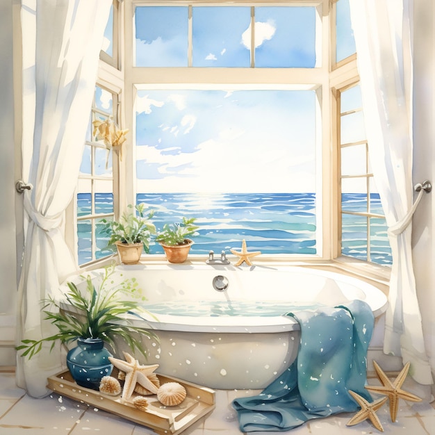 a painting of a bathtub with a window and a plant in the corner