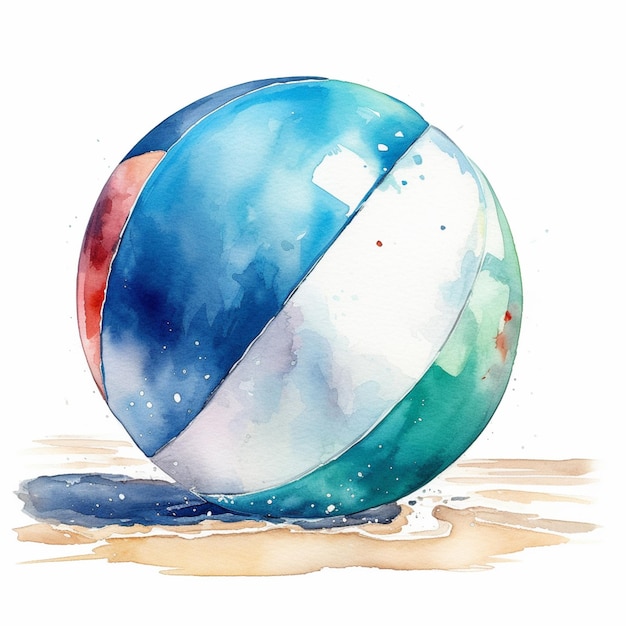 painting of a beach ball on the sand with watercolor paint generative ai