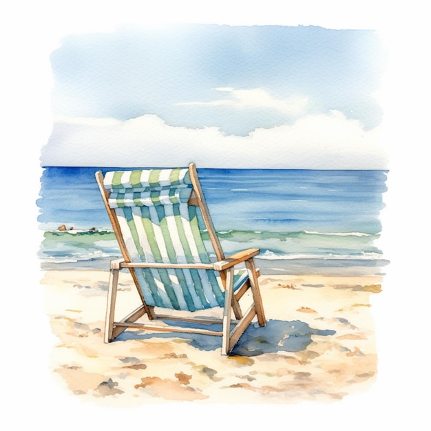Foto pittura di una sedia da spiaggia sulla spiaggia con vista sull'oceano generativa ai