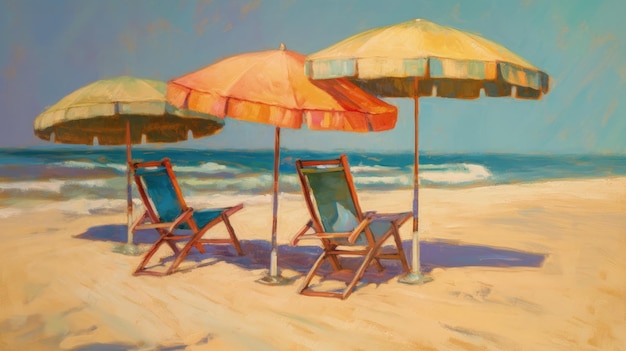 A painting of beach chairs and umbrellas on the beach