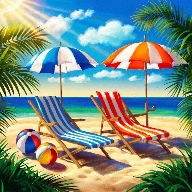 해변 의자 와 우산 의 그림 은 구름 을 통해 빛나는 태양 을 가지고 있다